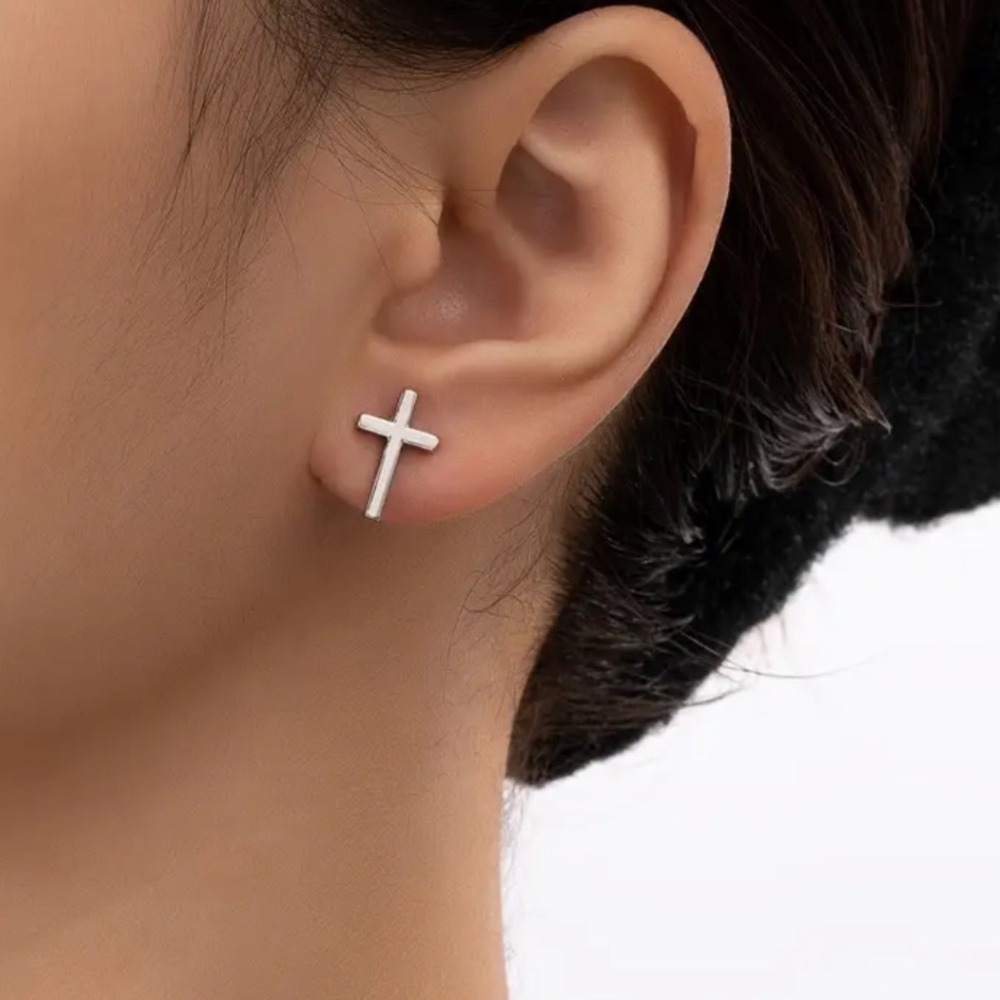 Silver Cross Stud Earrings Minimalist Religious Gothic Jewelry Small Petite New